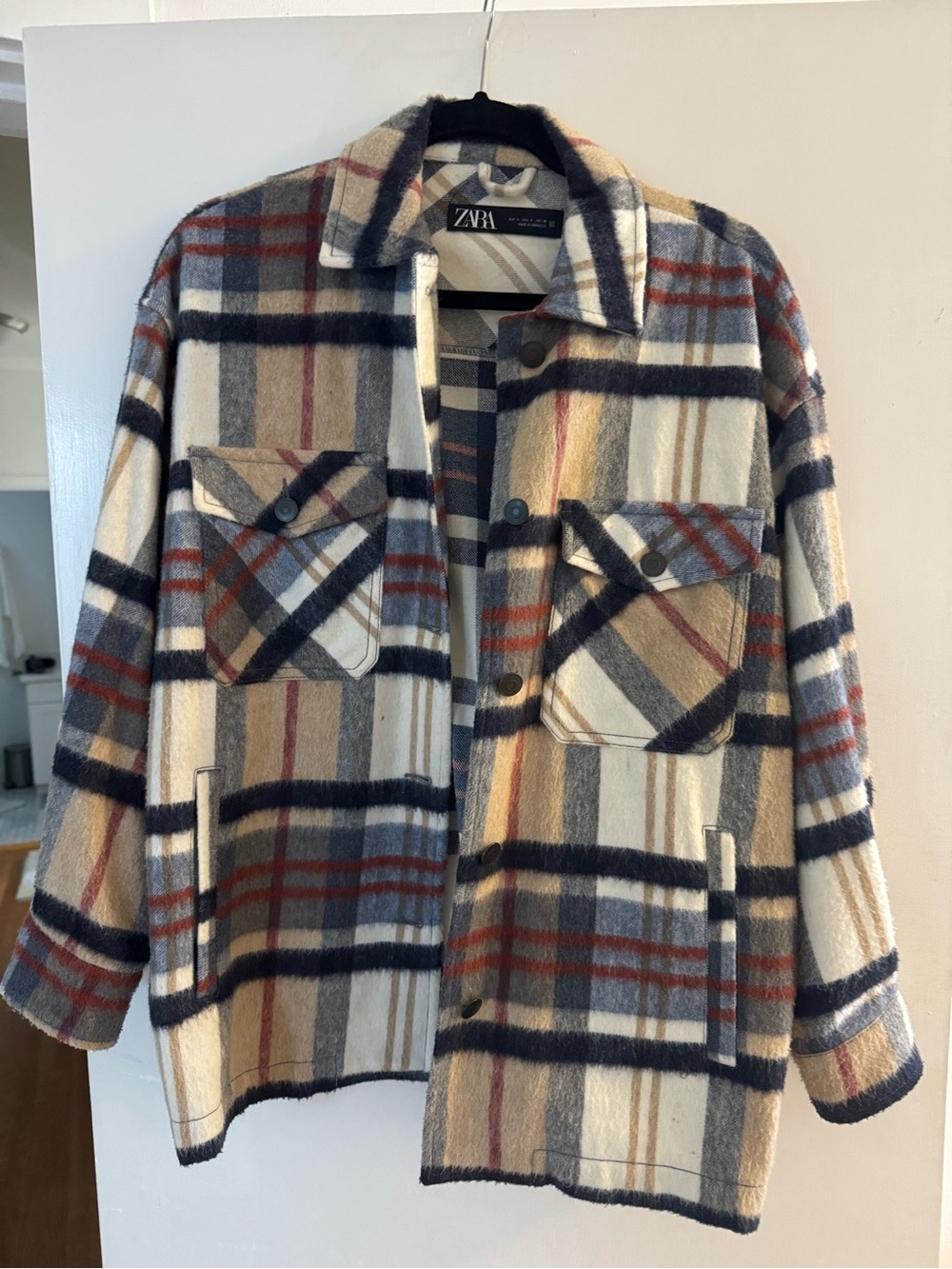 ZARA Cream Plaid Wool-Blend Shacket with Navy & Rust Stripes